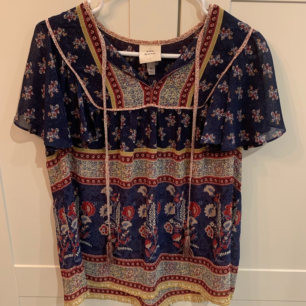 Knox Rose Navy Floral Peasant Blouse with Red and Cream Accents